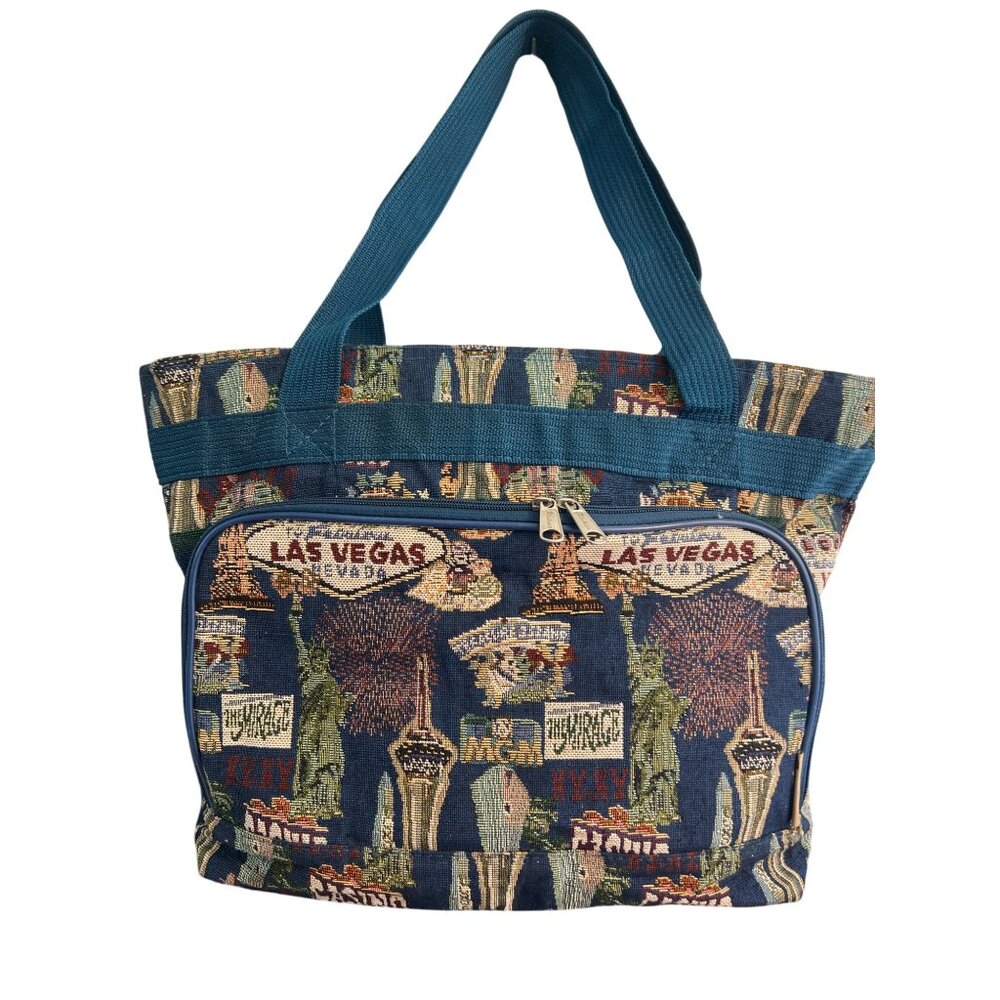 Vintage Bovano Las Vegas Tapestry Travel Tote Bag Zipper Top Dual Handles USA
